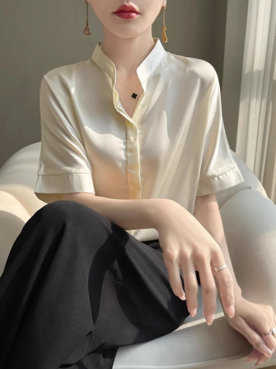 

Silky Satin Women's Short Sleeve Shirt Stand Collar Korean Style Versatile Color Summer New Fashion Smooth Silk Feel Top