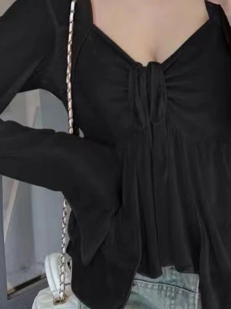 Solid Irregular Shirts for Women Slim Waist Square Collar Blouses 2024 Blusas De Mujer Vintage Korean Bandage Blouse Pleated Top