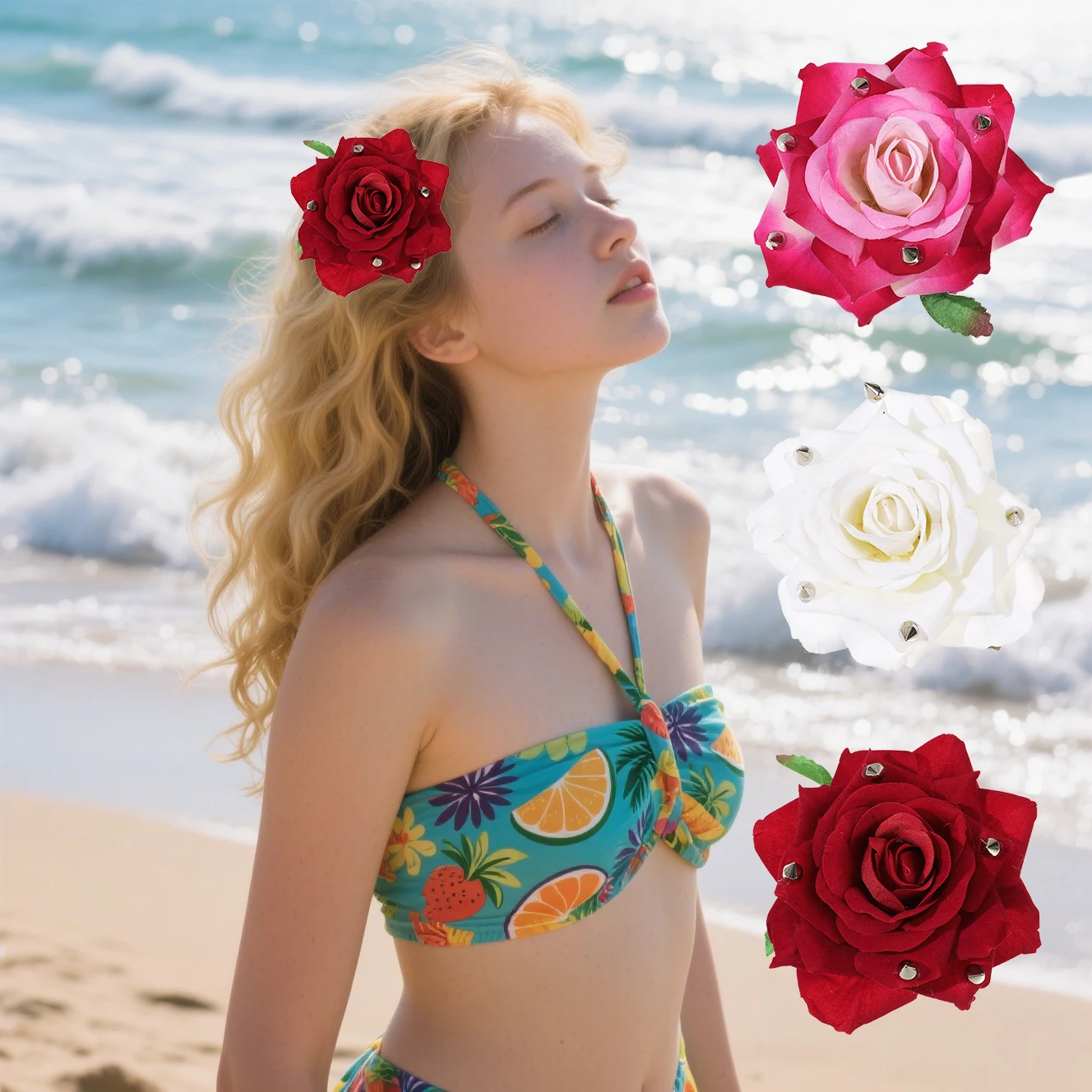 

AWAYTR заколки для волос с заклепками и цветком розы, милые головные уборы с цветочным принтом, романтические аксессуары для волос, заколка для боковой челки для девочек, милые заколки для волос