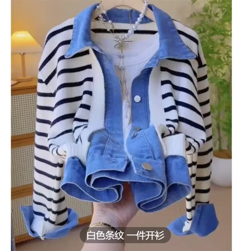 

2026 Denim Patchwork Knitted Sweater Striped Design Slimming Top Trendy Fake Two-Piece Open Cardigan Stylish Casual Wear