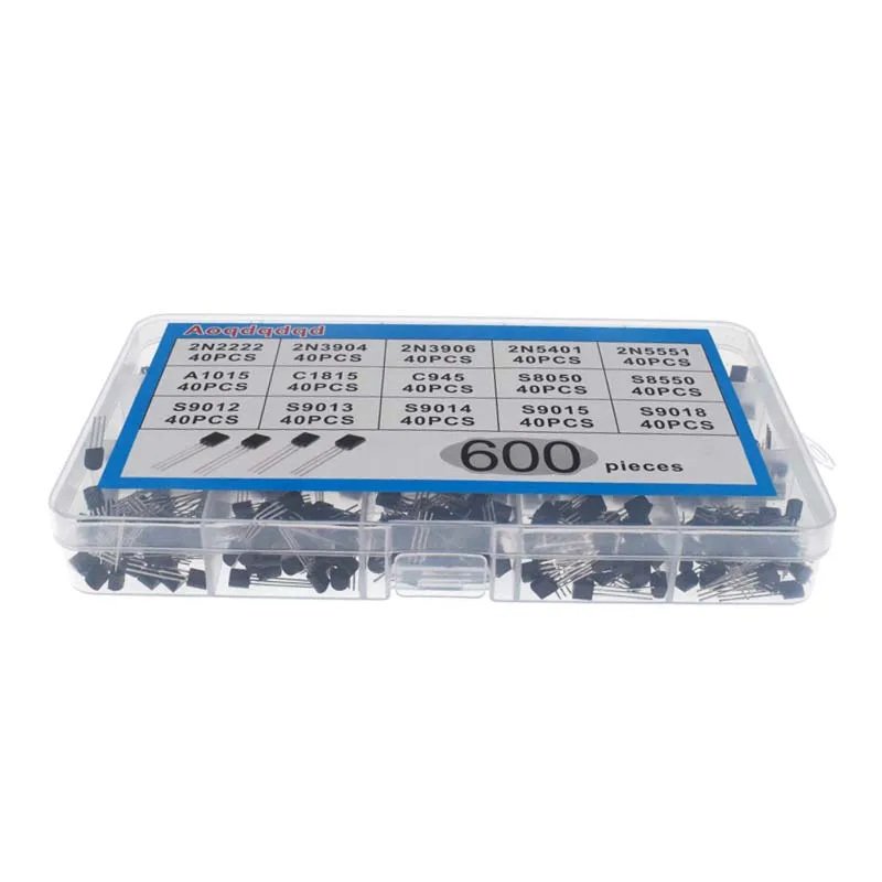 Kit d'assortiment de transistors TO-92, 30-160V, 50-1000mA, NPN PNP 2N2222 2N5551 S9014 C945 S9018 S8050, 600 pièces, 15 valeurs x 40 pièces