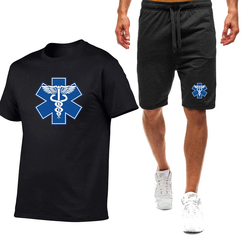 

2026 EMT Emergency Ambulance Print Summer Men's New Nine Color Short Sleeve + Shorts Daily Outdoor Harajuku Sport Suit