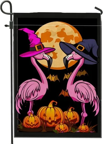 Halloween Witch Flamingos Garden Flag, Peach Blue Moon Pumpkin, 12x18 Inch XXQ
