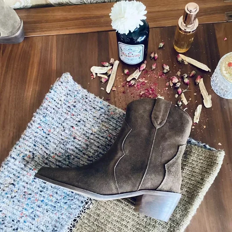 Damskie buty Chelsea na wiosnę jesień krowa zamsz punktowe Toe gruby obcas szyte botki buty zimowe kobieta Western Botas