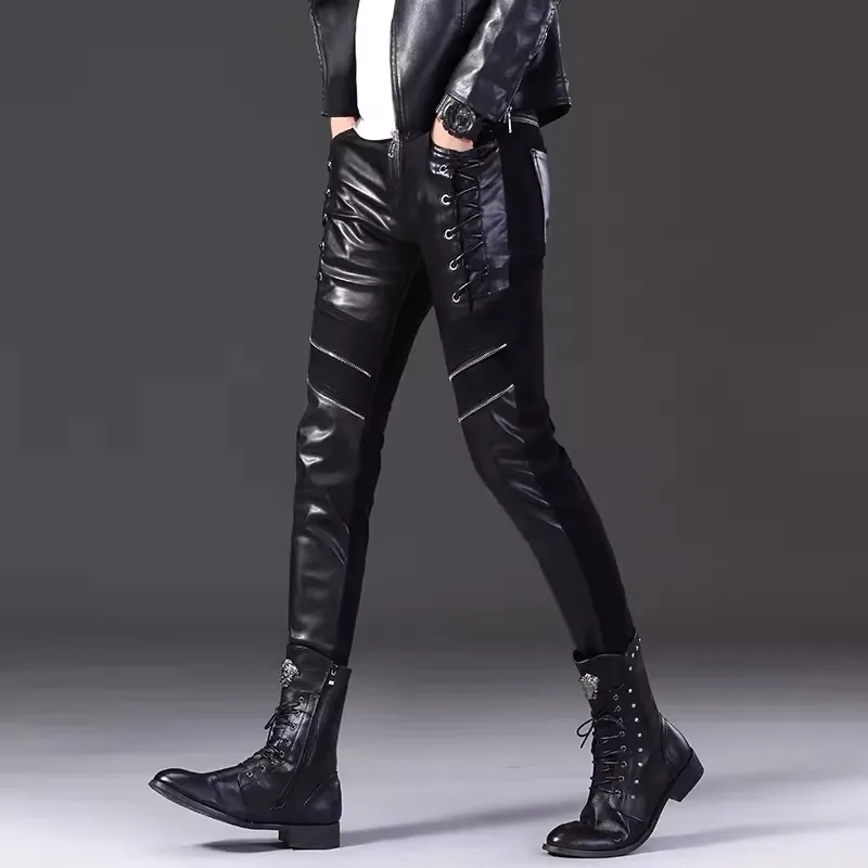 2024 Men Black Leather Pants Gothic Trousers Motorcycle Fashion Windproof Patchwork Luxury Fashion Korean Stage Singer Costume