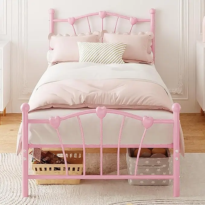 Twin Size Bed Frame, Heart Shaped Metal Bed Frame with Headboard and Footboard, Platform Bed Frame with Sturdy Slat Support