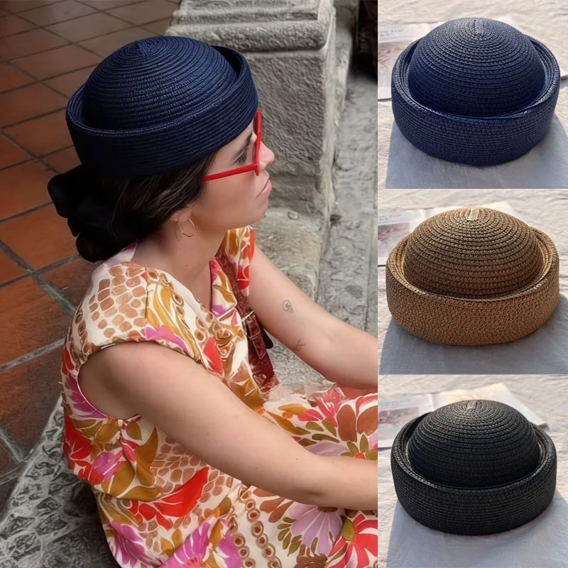 

2026 New Summer Japanese Retro Artistic Painter Berets Pillbox Hat Woven Paper Straw Sun Hats Women Circle Concave Top Straw Hat