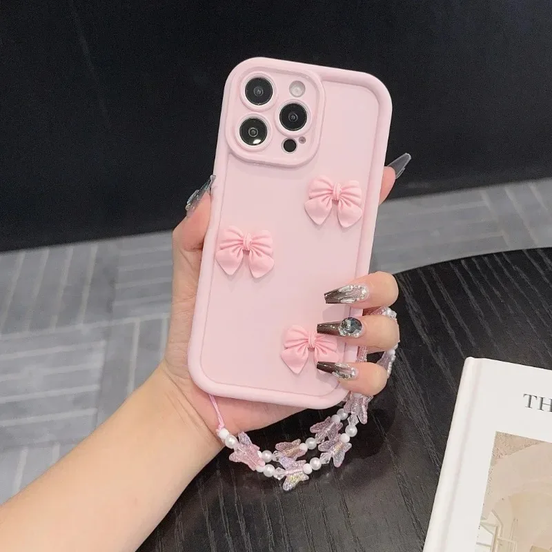 3D Pink Cute Butterfly Silicone Soft Phone Case For iPhone 16 15 Pro Max 14 13 12 11  XS XR X 7 8 Plus Butterfly Bracelet Cover