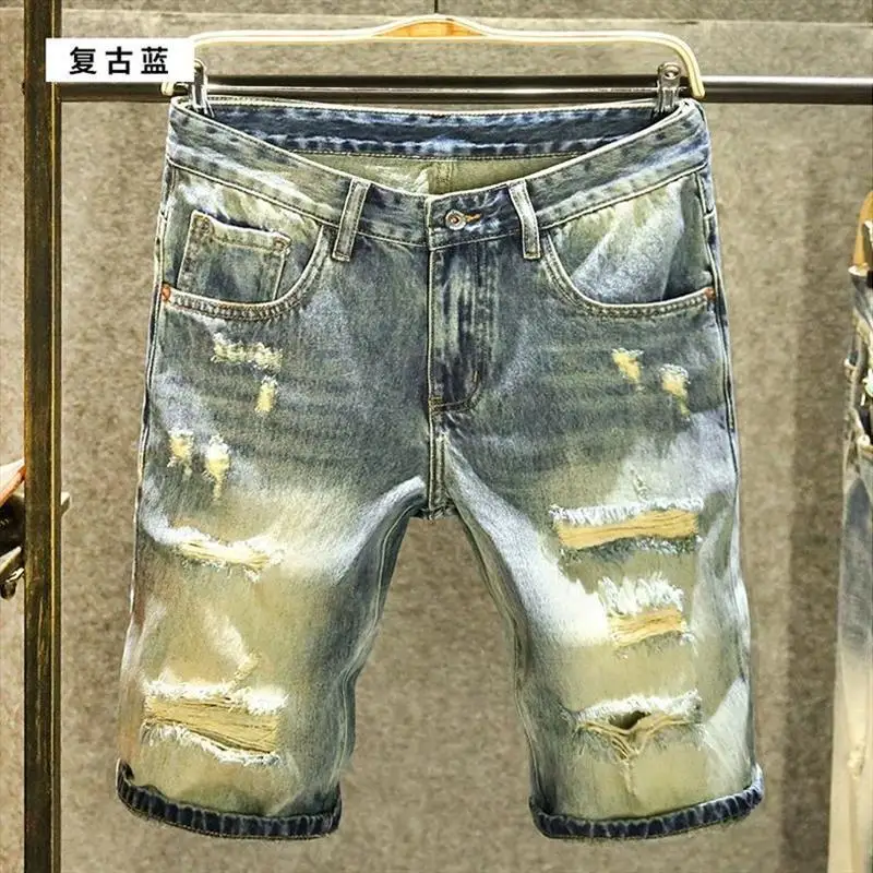 

Ripped Scraped Nostalgic Denim Shorts Men's Loose Straight Short Pants Retro Brand Beggar Pants Short Jeans Shorts for Man