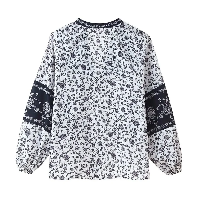2026 Bohemian V-Neck Floral Blouse for Women Spring Summer Long Sleeve Button Down Shirt Ruffled Cuffs Casual Daily Outwear Tops