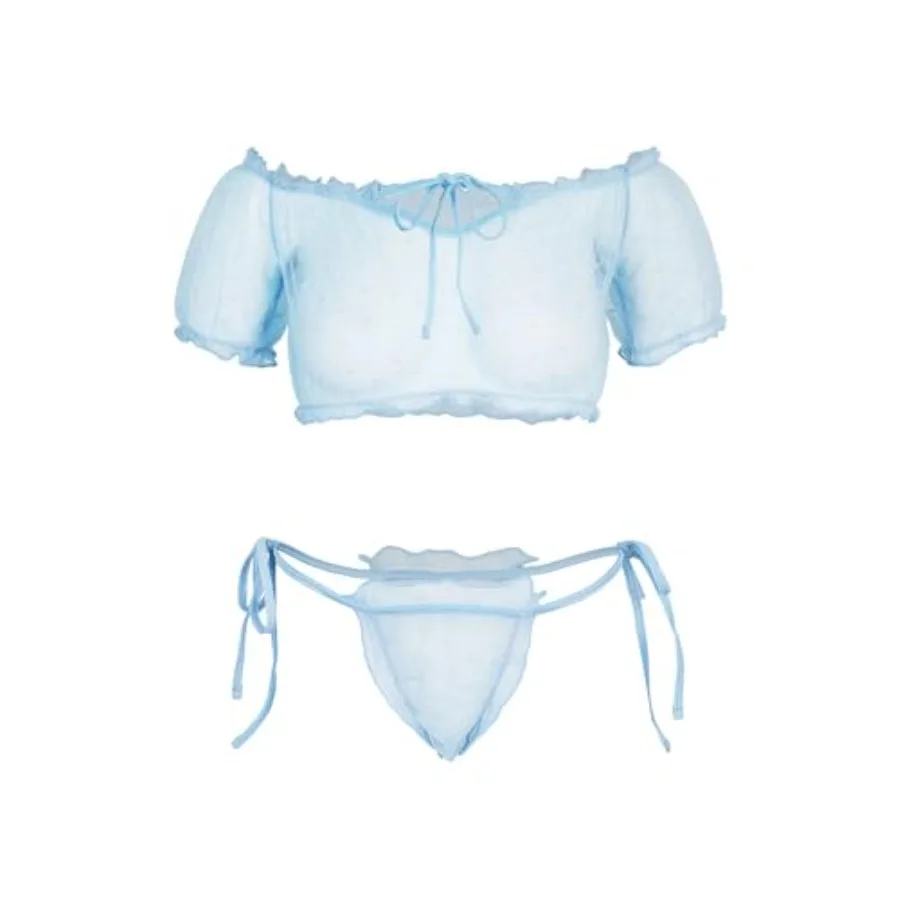 

Sexy Ruched Stretch Tie Polka Dots Mesh Sheer Lingerie Set 2 Pcs