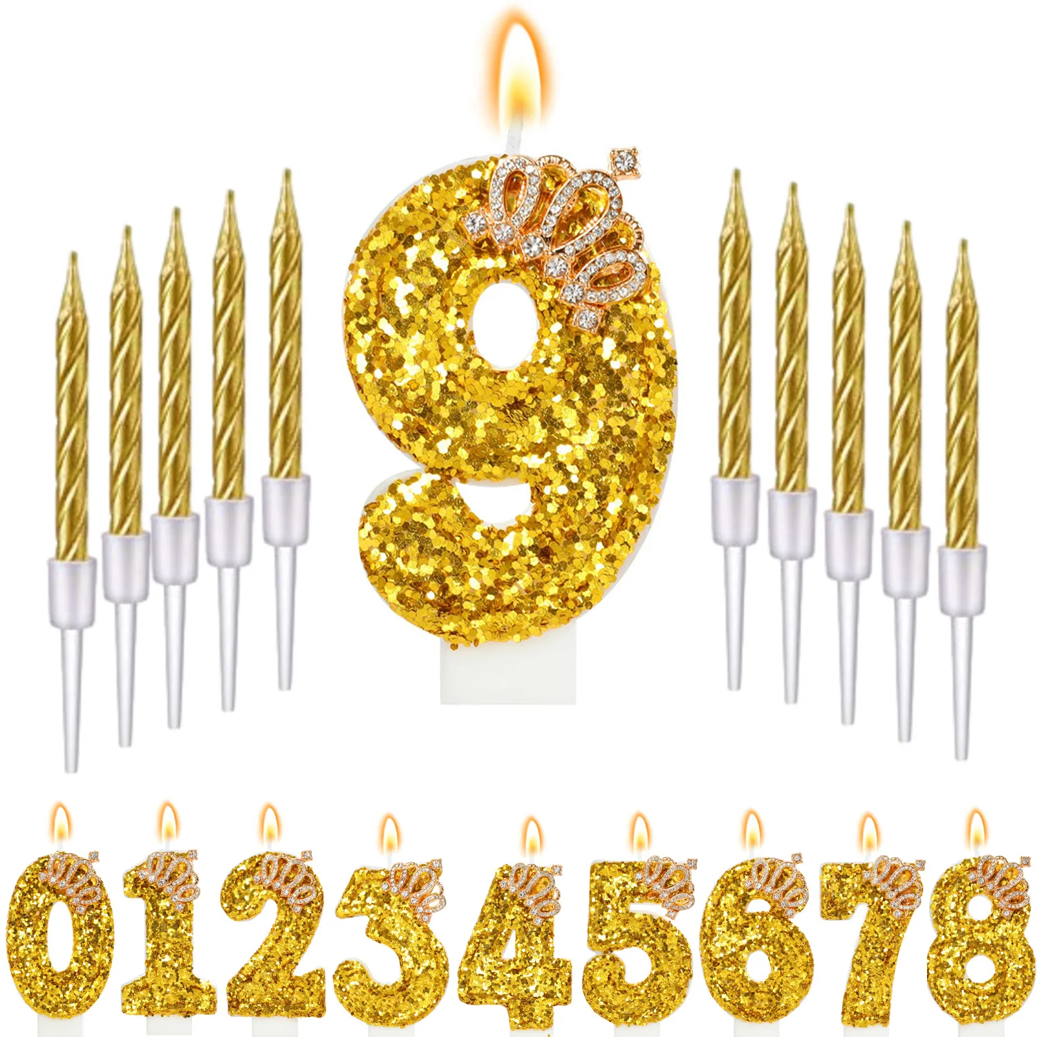 11pcs Gold Birthday Candle Crown Number 0-9 ，Sequins Cake Cupcake Decorations Party Decor for Anniversary Celebrations Supplies