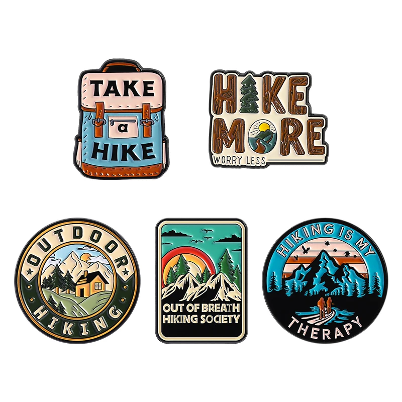 Broche de viaje para senderismo al aire libre, alfileres esmaltados, senderismo es mi terapia, caminata, más preocupación, menos broches, mochila, insignia de solapa, regalos de joyería