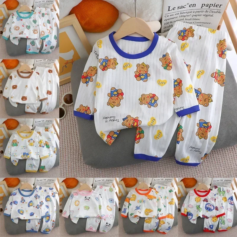 Baby Summer Pajamas Set, Long Sleeve Tops & Long Pants, Thin Cotton Kids Home Clothes, Air Conditioning Sleepwear for Boys Girls