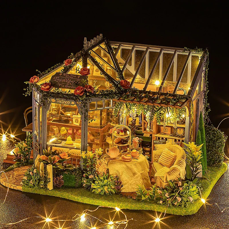 Houten poppenhuiskit Handgemaakt gebouwmodel Bloementuin 3D-puzzelmontagespeelgoed Miniatuur poppenhuis met meubelverlichting