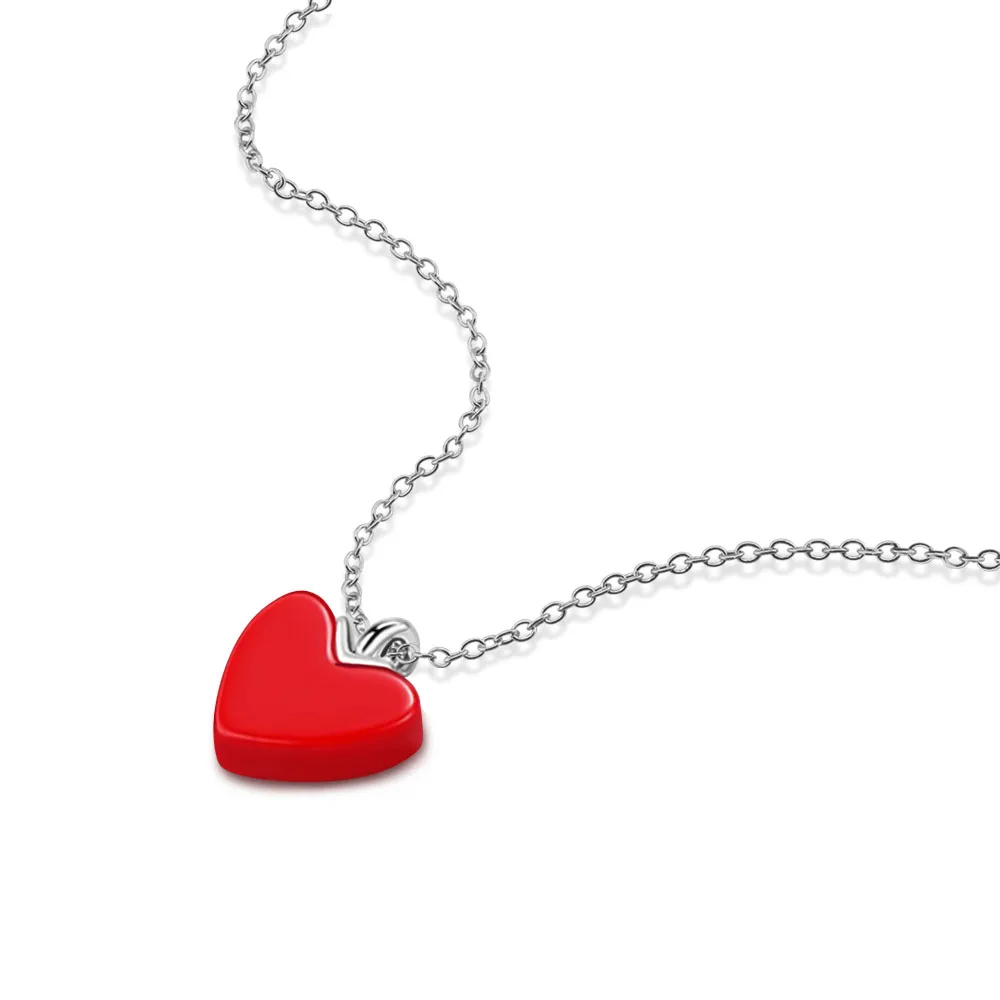 

925 Sterling Silver Necklace Synthetic Red Coral Rolo Chain 46cm Shiny Red Heart Classic Pendant For Women Fashion Jewelry Gifts