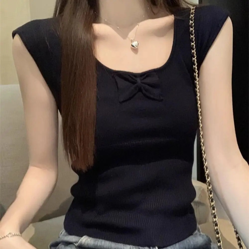 

Round Neck Korean Y2K Crop Tops Women Clothing Short Sleeves Bowknot Knit T-shirt Solid Color Sweet Slim Short T-shirt