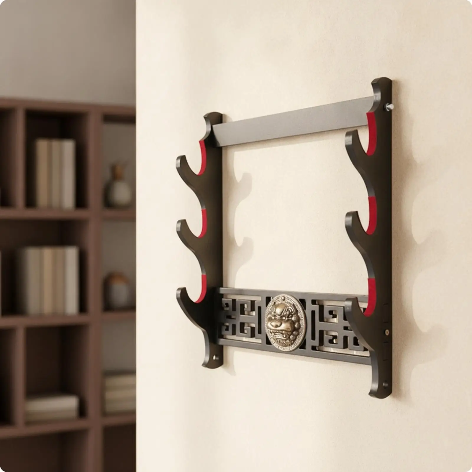 Sturdy Wall Mounted Sword Rack for Samurai Display with Greek Geometric Cutout Panel Lion Head Medallion Wood Decor