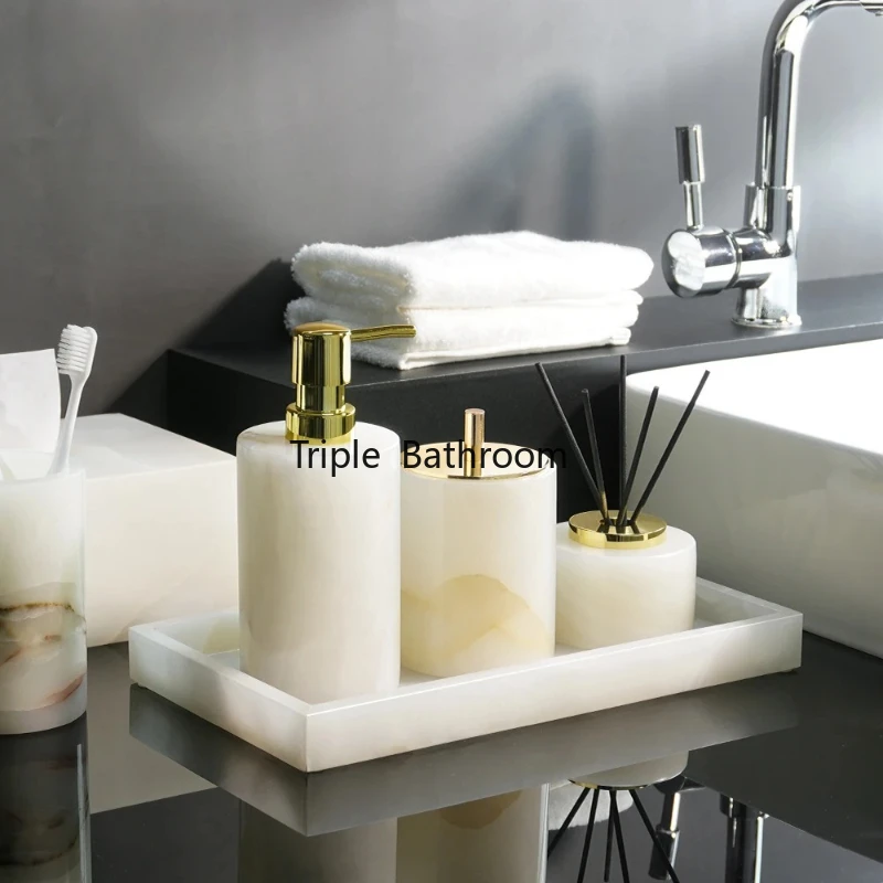 White Onyx Natural Marble Bathroom Set Luxury Soap Dispenser Aromatherapy Bottle Soap Dish Tissue Box Bathroom Accessories