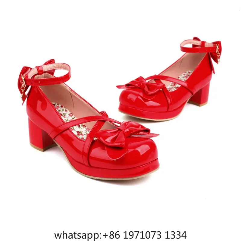 Zapatos Lolita de charol brillante para mujer, rojos, para novia, fiesta de boda, con tiras, plataforma, estilo Mary Jane, con correa al tobillo y tacón cuadrado cubano