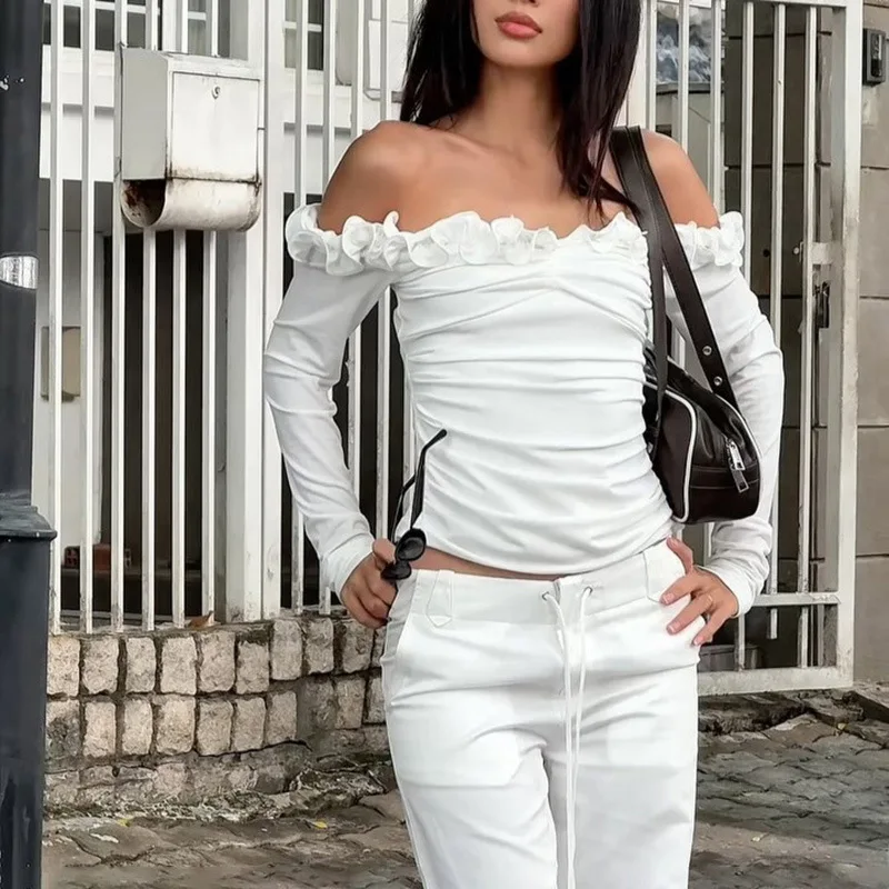 

DSMTRC Y2K Solid White T-Shirts Women Ruffles Slash Neck Lace-Up Tops Backless Full Sleeve Street Fashion Elegant Skinny Tees