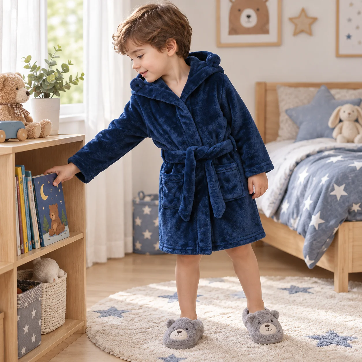 Boy Flannel Pajamas Robe  Winter Children Sleepwear Soft Hooded Cartoon bearear with Kids Homewear2-3 Years