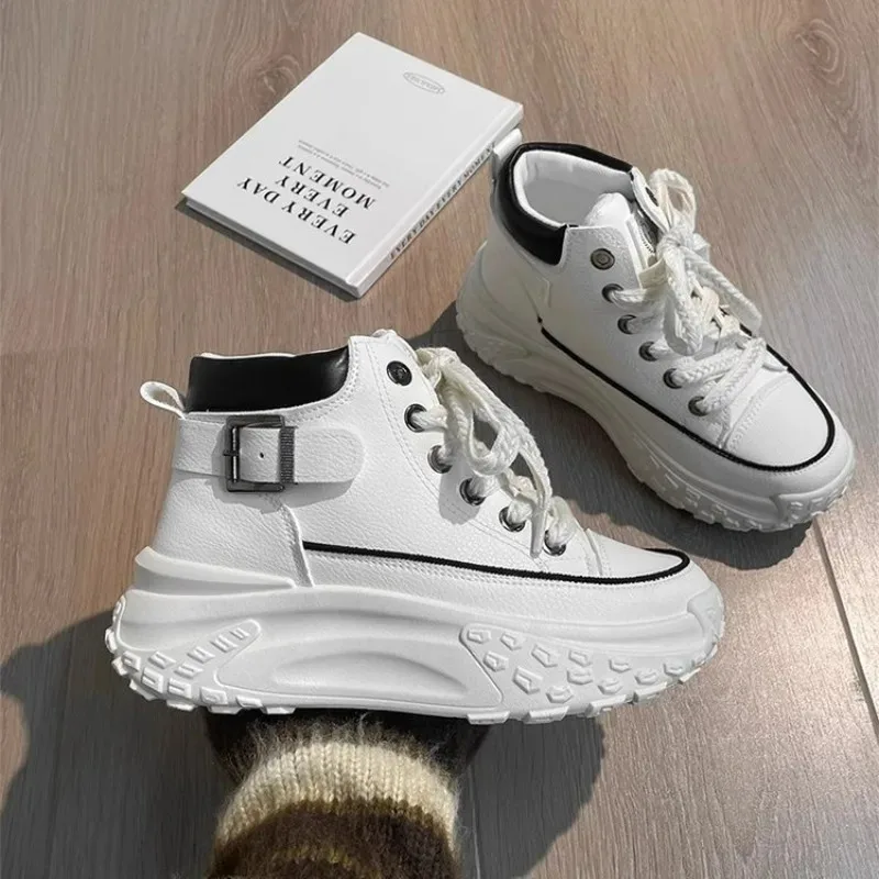 2024 Summer High Gang White Shoes Female Heightening Sports Leisure Board Shoes Leather Fashion Canvas Lace Up Women Sneakers