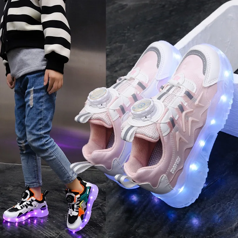 Rotating button charging colorful light shoes sports light shoes Children's shoes Boys and girls Kids luminous casual shoes