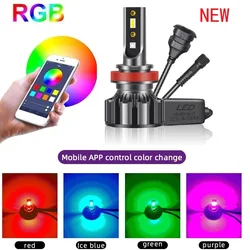 Pair H7 RGB LED Headlight H1 APP Bluetooth-Compatible Control H3 H4 H8 H11 Multi Colors LED Bulbs 9005 9006 for Camry Ford BMW