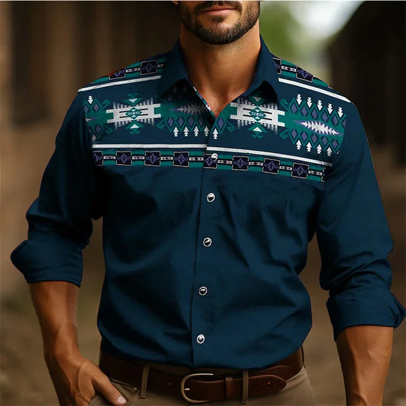 Camicia retrò da uomo di moda abbigliamento etnico camicia occidentale modello tribale camicia a maniche lunghe morbida e confortevole marrone nuovo stile primavera