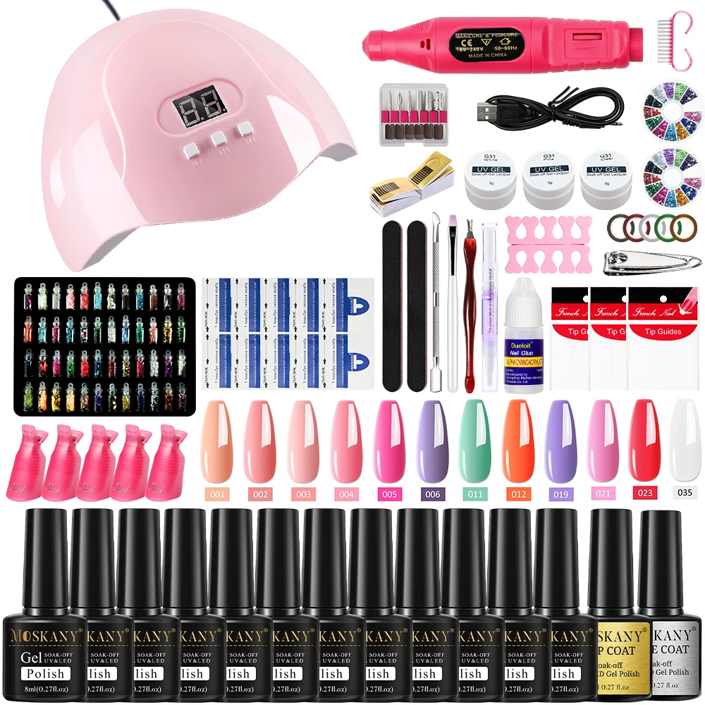 Kit de extensão acrílico com secador de lâmpada LED, conjunto de manicure semi permanente, gel polonês