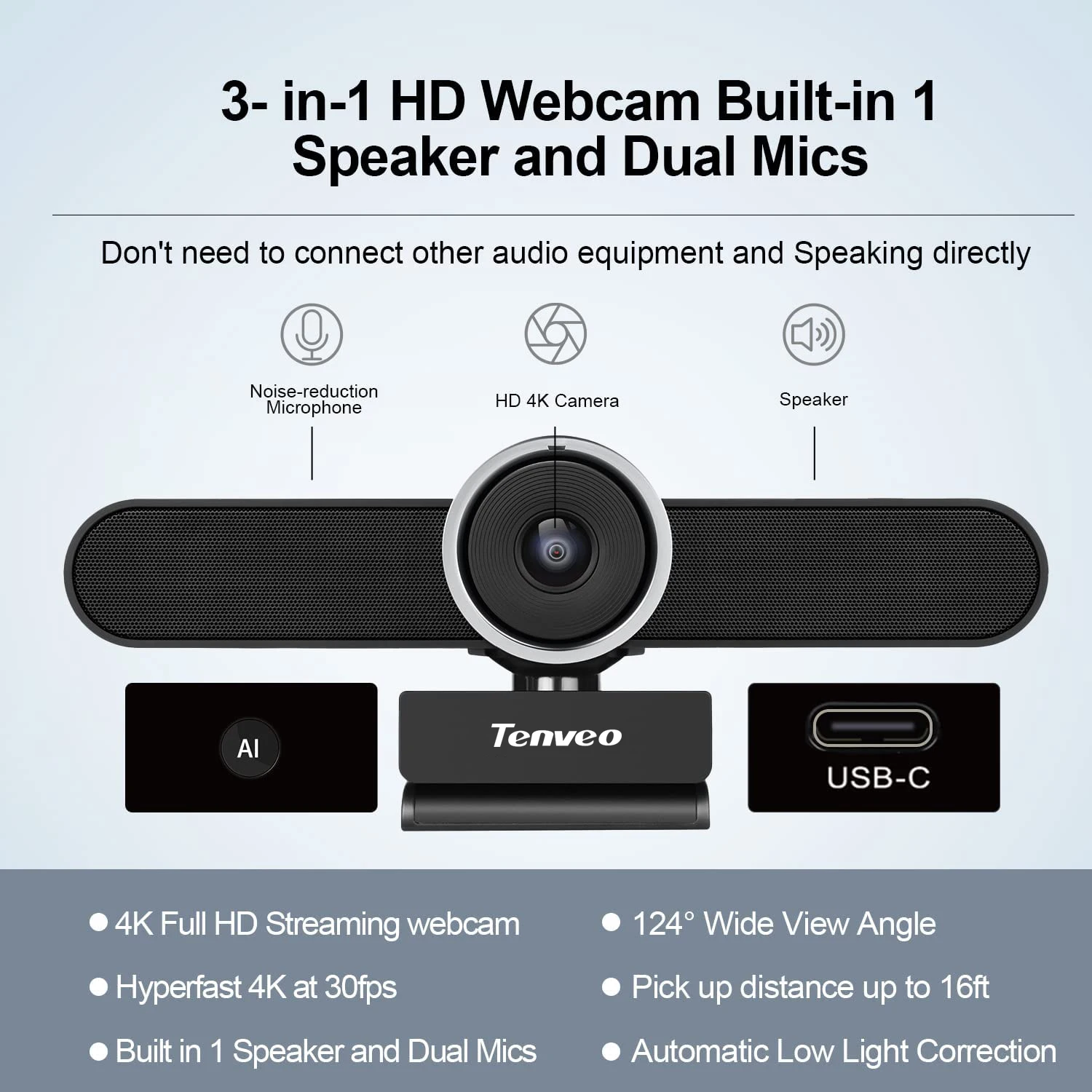 4K Conference Room Webcam with Microphone and Speaker 8MP Computer Video Camera with Wide Angle AI Auto Framing for Streaming