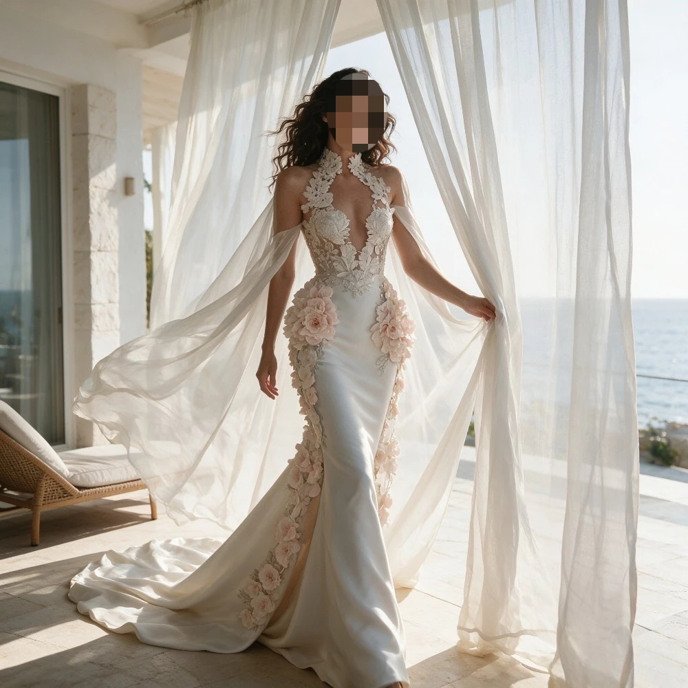 Customized Sexy Halter Collar Satin Mermaid Wedding Dress 2026 Elegant Decal Lace Shawl Flowing Bridal Gown Suitable for Parties