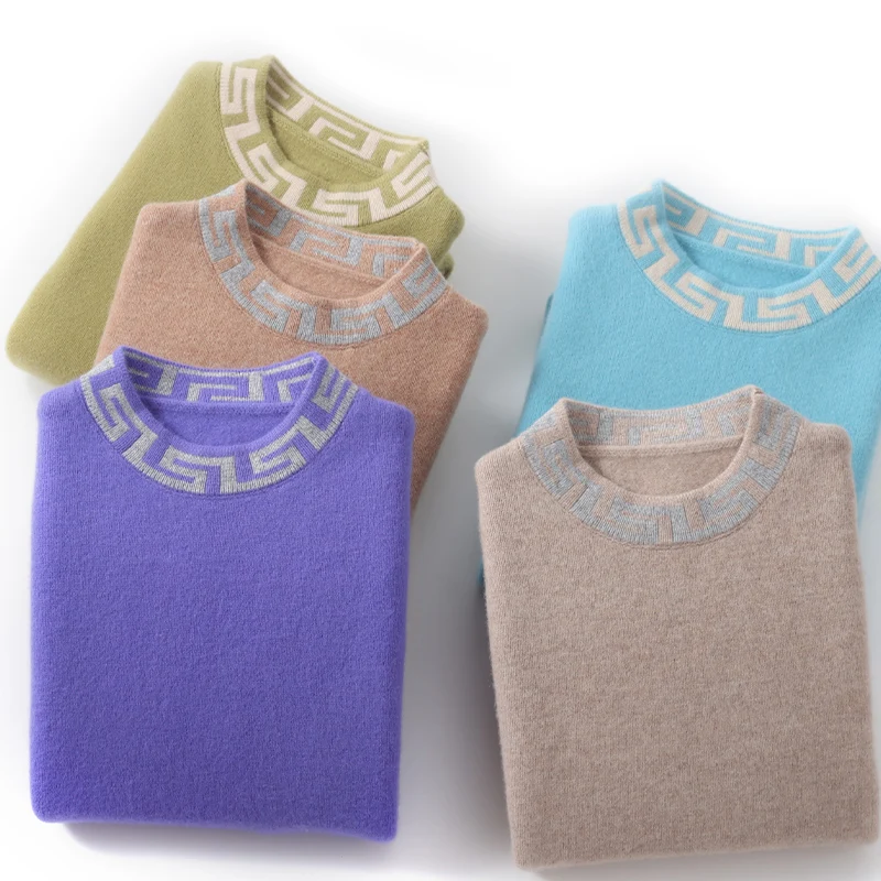 Autunno e inverno nuovo maglione di cashmere da uomo girocollo colore abbinato maglione casual spesso 100% pura lana lavorata a maglia fondo