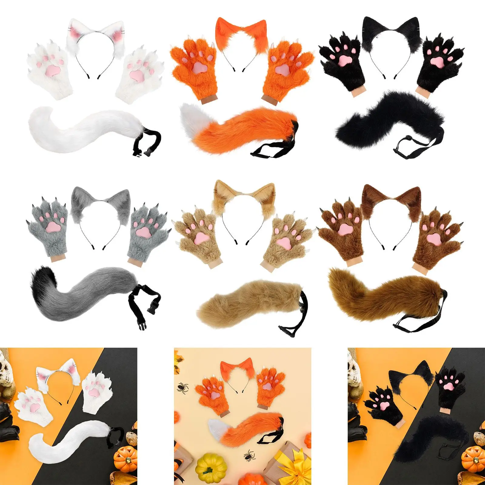 Premium pluche dierenhoofdband staarthandschoenen set fancy dress voor dames meisjes Halloween