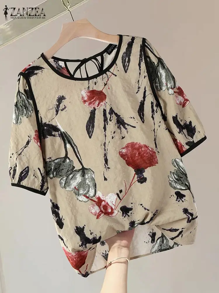 ZANZEA Summer Women Tops Bohemian Floral Printed Shirt Fashion Short Sleeve Holiday Blouse Casual O Neck Loose Party Blusas 2024