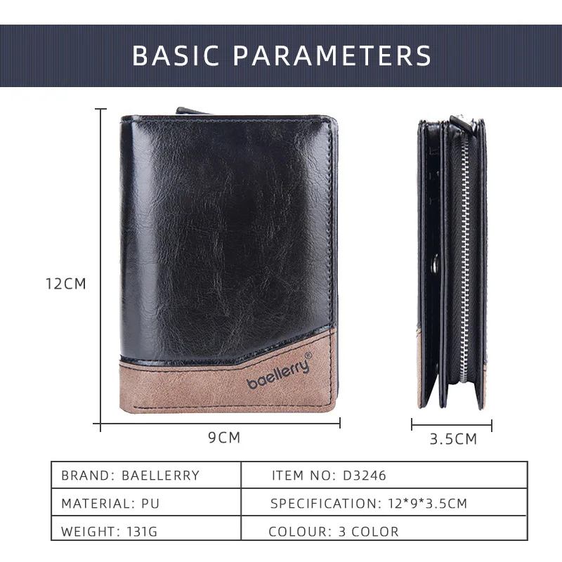 Baellerry Business Men Wallets Leather Purse with Zipper Coin Pocket High Quality Vintage Small Card Holder Money Wallet for Men