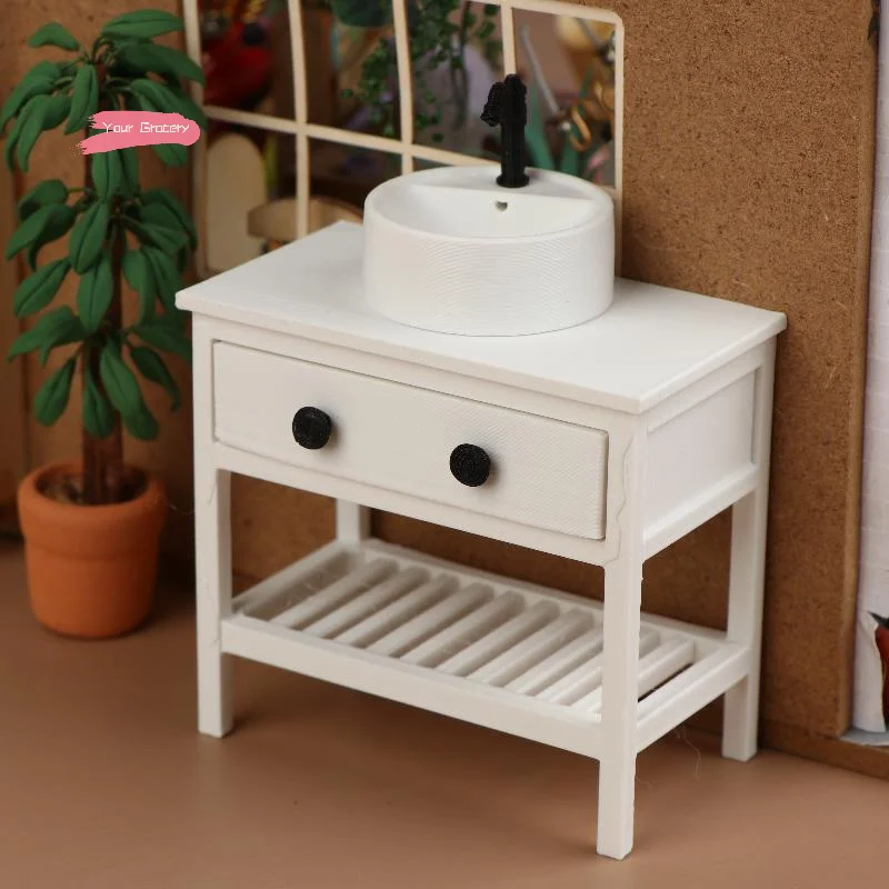 

1/12 Dollhouse Sink Cabinet Model Bathroom Furniture Decoration Ornament Toy for Girls Realistic Miniature Living Scene