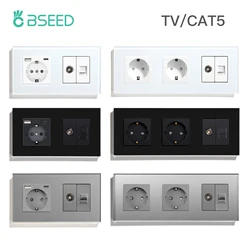 BSEED TV CAT5 With EU Socket Double Wall Sockets TV Internet RJ45 PC Connections Type-c USB Electric Sockets Glass Frame