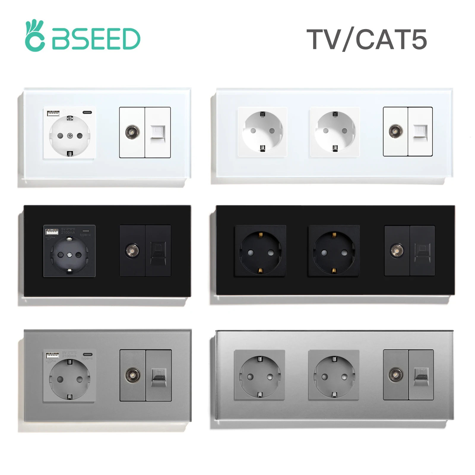 BSEED TV CAT5 z podwójnym gniazdem EU Gniazda ścienne TV Internet RJ45 Połączenia PC Typ-c Gniazda elektryczne USB Szklana ramka