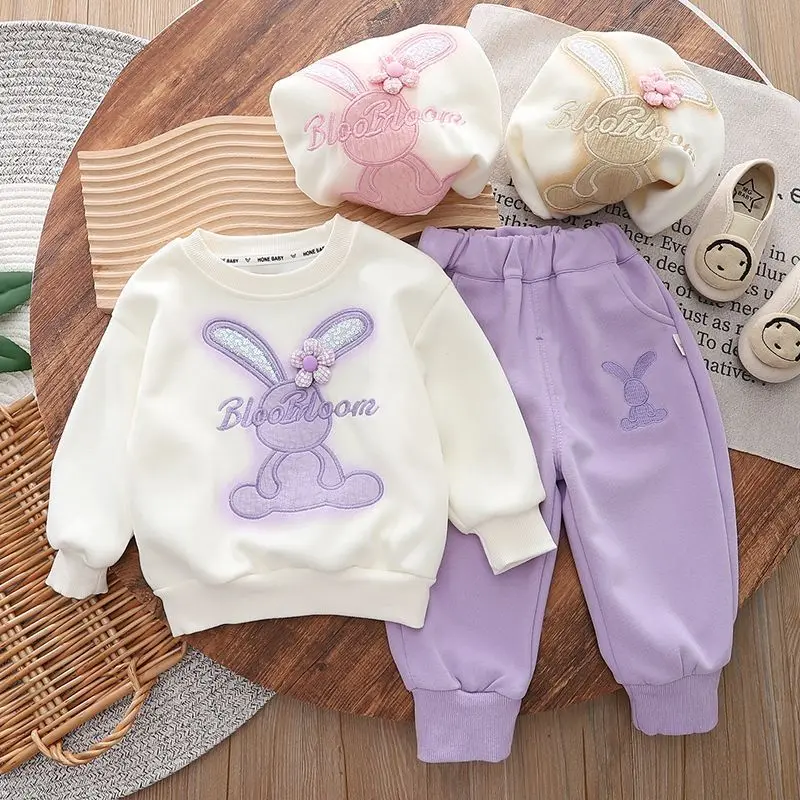 Baby Girls Spring and Autumn Set New Children\'s Casual Long Sleeve Cartoon Hoodie Pants Two Piece Set