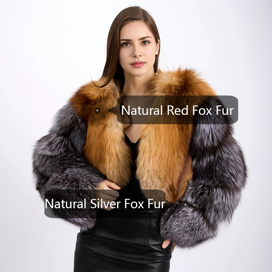 Short Red Fox Fur Coat With Round Collar Real Fur Petite Jacket Natural Silver Fox Fur Jacket Hot Selling Women's Leather Jacket