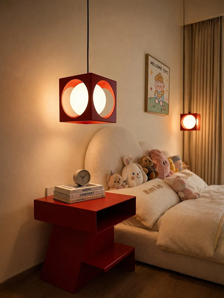 Wowvi Space Age Full Spectrum LED Pendant Light Nordic Red Cube Iron Mesh Chandelier Modern Kitchen