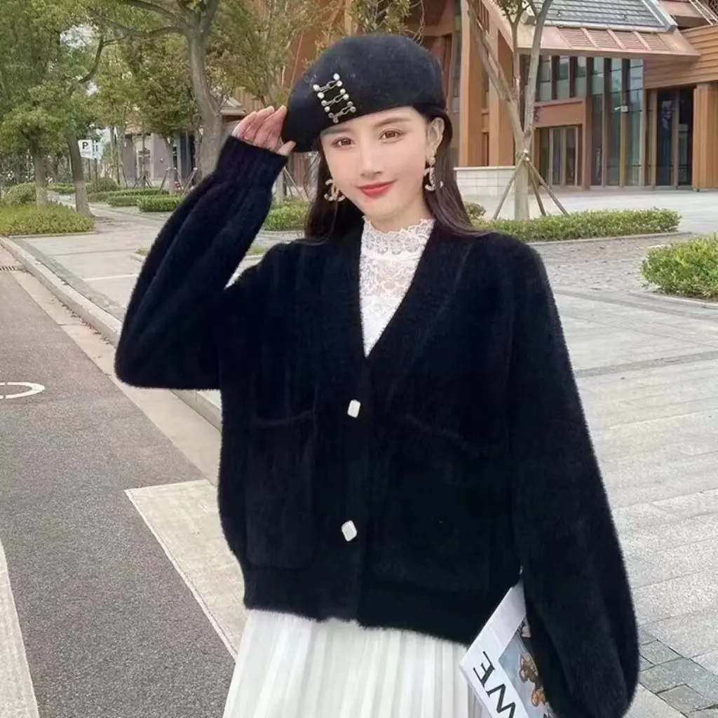 

Women's Imitation Mink Velvet Sweater Coat V-Neck Loose Short Cardigan Soft Waxy Thickened Autumn Winter Sweet Style Knitted