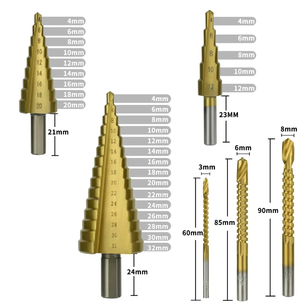 Broca de pagode revestida de titânio, broca de dente de serra, expansão de furo para carpintaria, conjunto de caixa de plástico com ranhura, perfuração de madeira, 6 peças