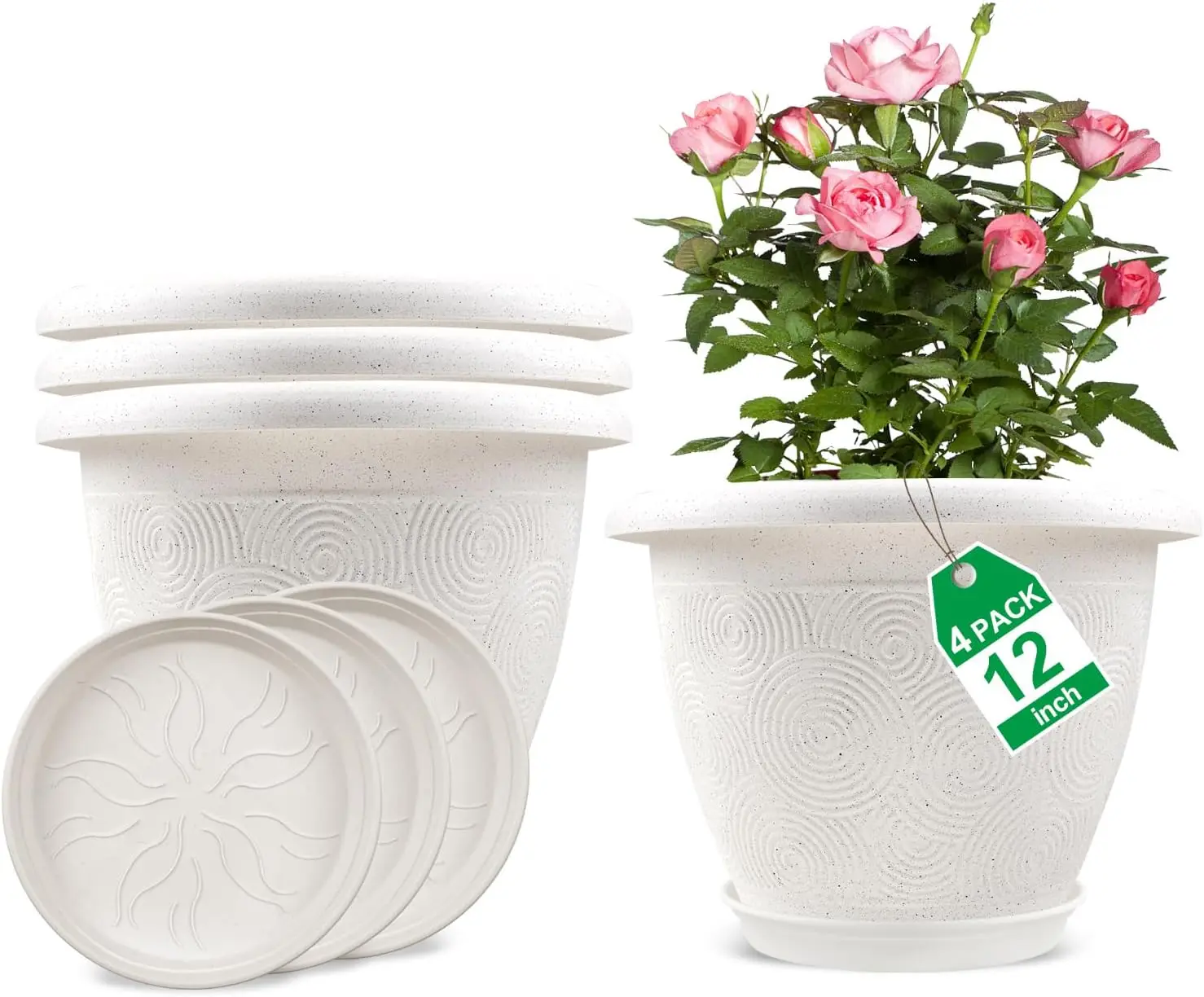

12-дюймовые белые горшки для растений с дренажными отверстиями и блюдцами, 4 упаковки современных декоративных цветочных горшков для комнатных и наружных растений в саду