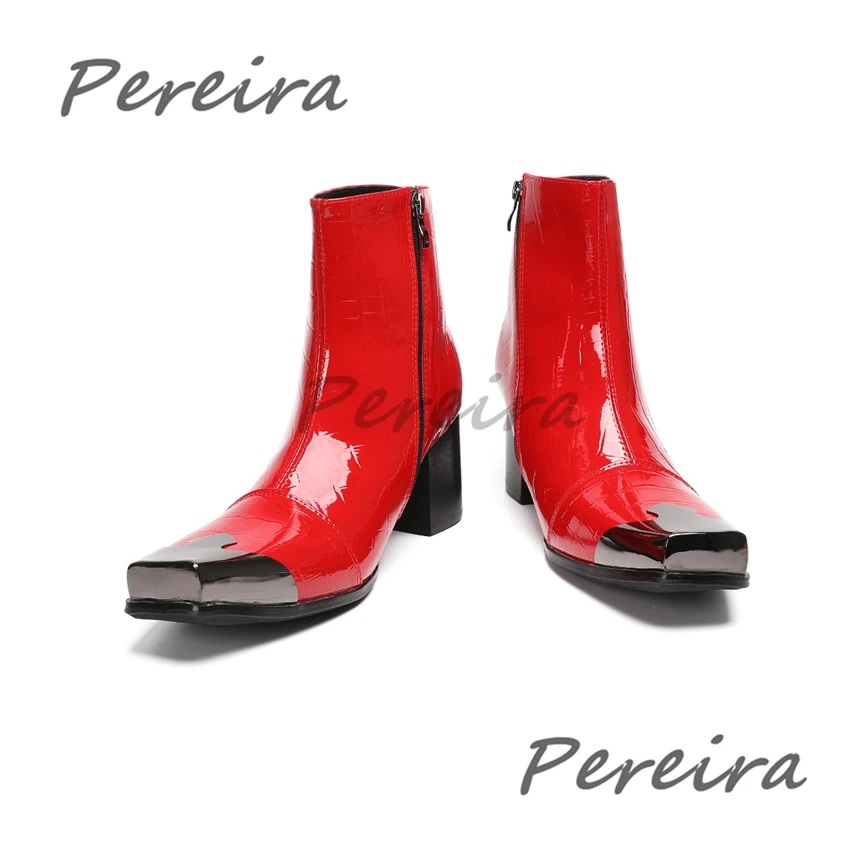 Black Red Shiny Leather Men's Boots Fashion Crocodile Patterned Metal Square Toe Ankle Boots Party Banquet Club High-Top Shoes