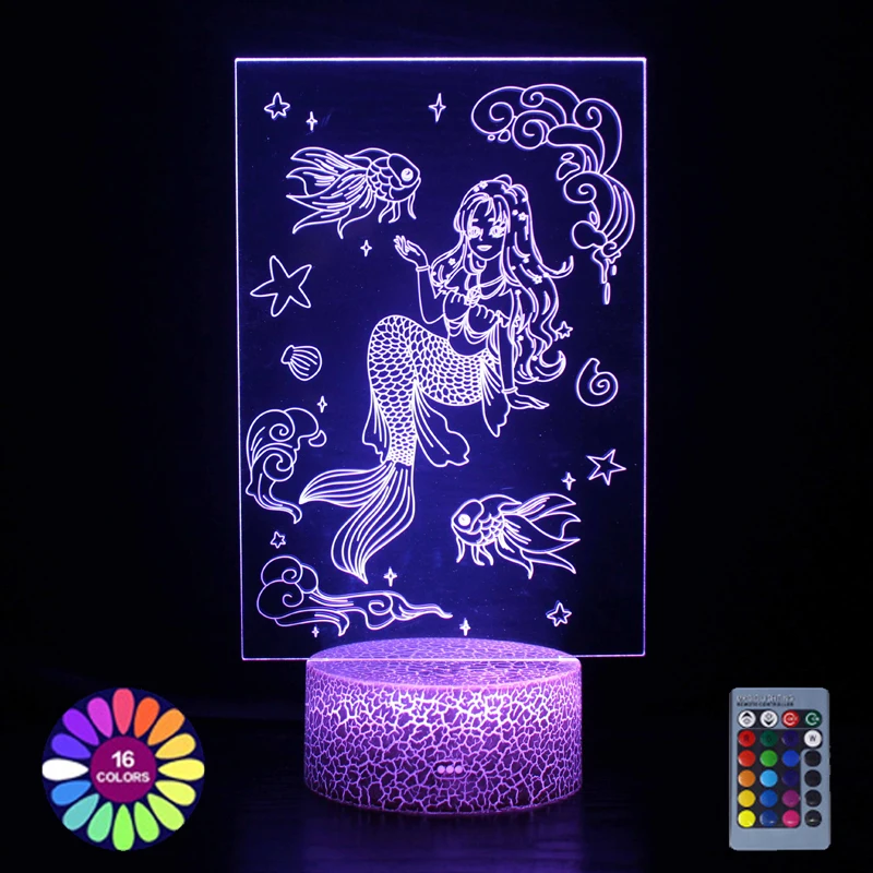 3d Illusion Night Lamp Mermaid Pattern Led Night Light Kids Room Decor Touch Remote Color Changing USB Table Lamp Holiday Gift