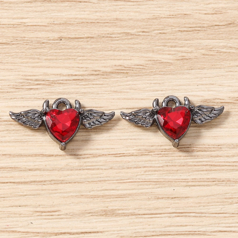 5 Stück 19 x 10 mm niedliche bunte Kristall-Metall-Herzflügel-Anhänger für die Schmuckherstellung, Halsketten, Ohrringe, DIY-Bastelbedarf – Detail 14