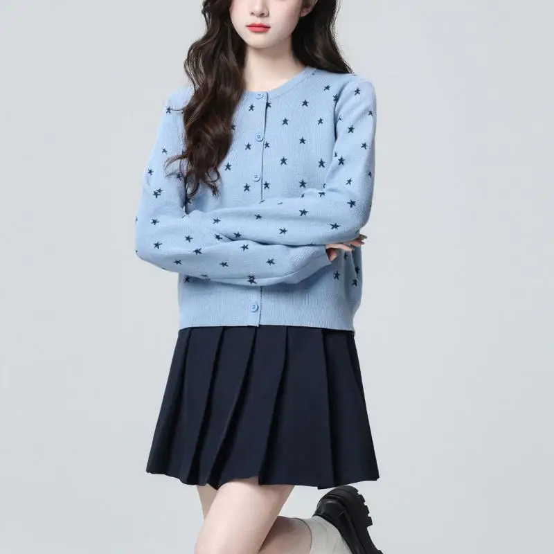Sweet and Lovely Women's Round Neck Knitted Cardigan Autumn New Item Loose Fit Sweater for Teenagers Student Jacket Short Tops